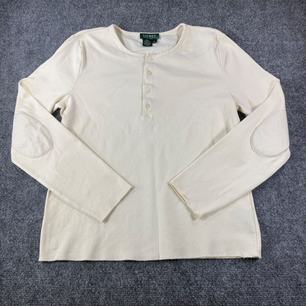 Lauren Ralph Lauren Henley Top Women XL Ivory Long Sleeve Elbow Patch Equestrian